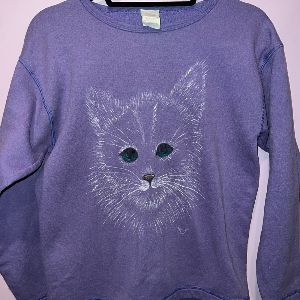 Vtg Hanes Kids Purple Cat‎ Face Sweatshirt XLarge 14 16 Long Sleeve Crewneck